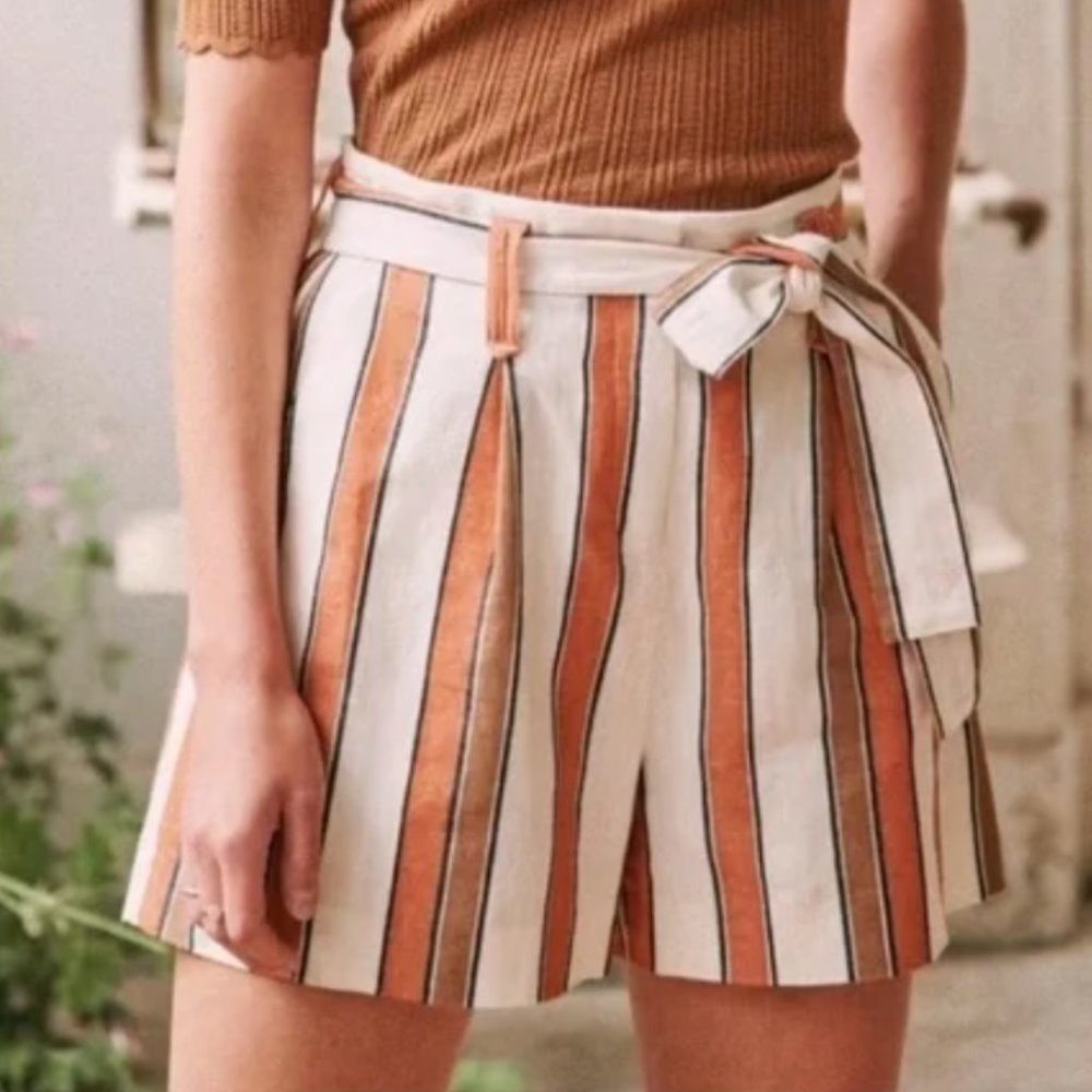Sezane High-Waist Striped Linen-Blend Shorts in Cream and Rust